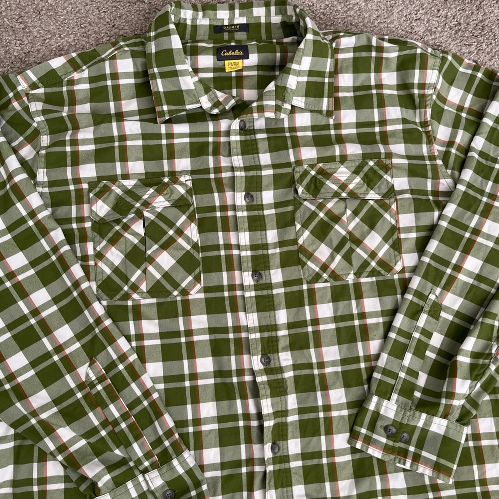 Cabelas Shirt Mens 2XL Regular Green Plaid Cotton Button Down Long Sleeves